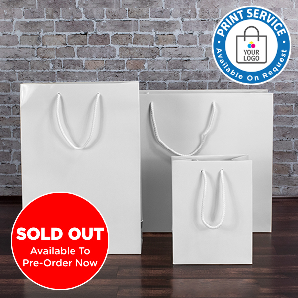 160mm White Gloss Laminated Paper Carrier Bags available from stock at Midpac Packaging in packs